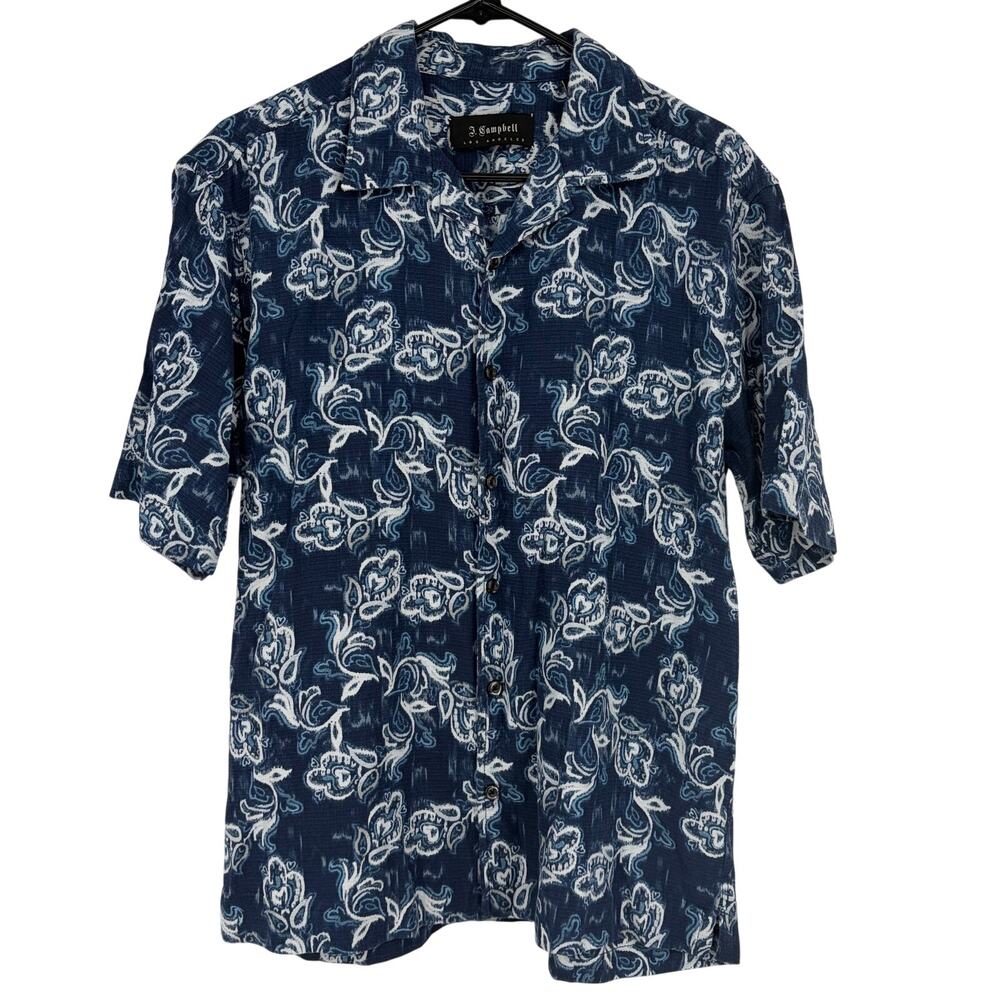 J. Campbell Hawaiian Blue Paisley Silk Blend Short Sleeve Button Up Shirt Size M